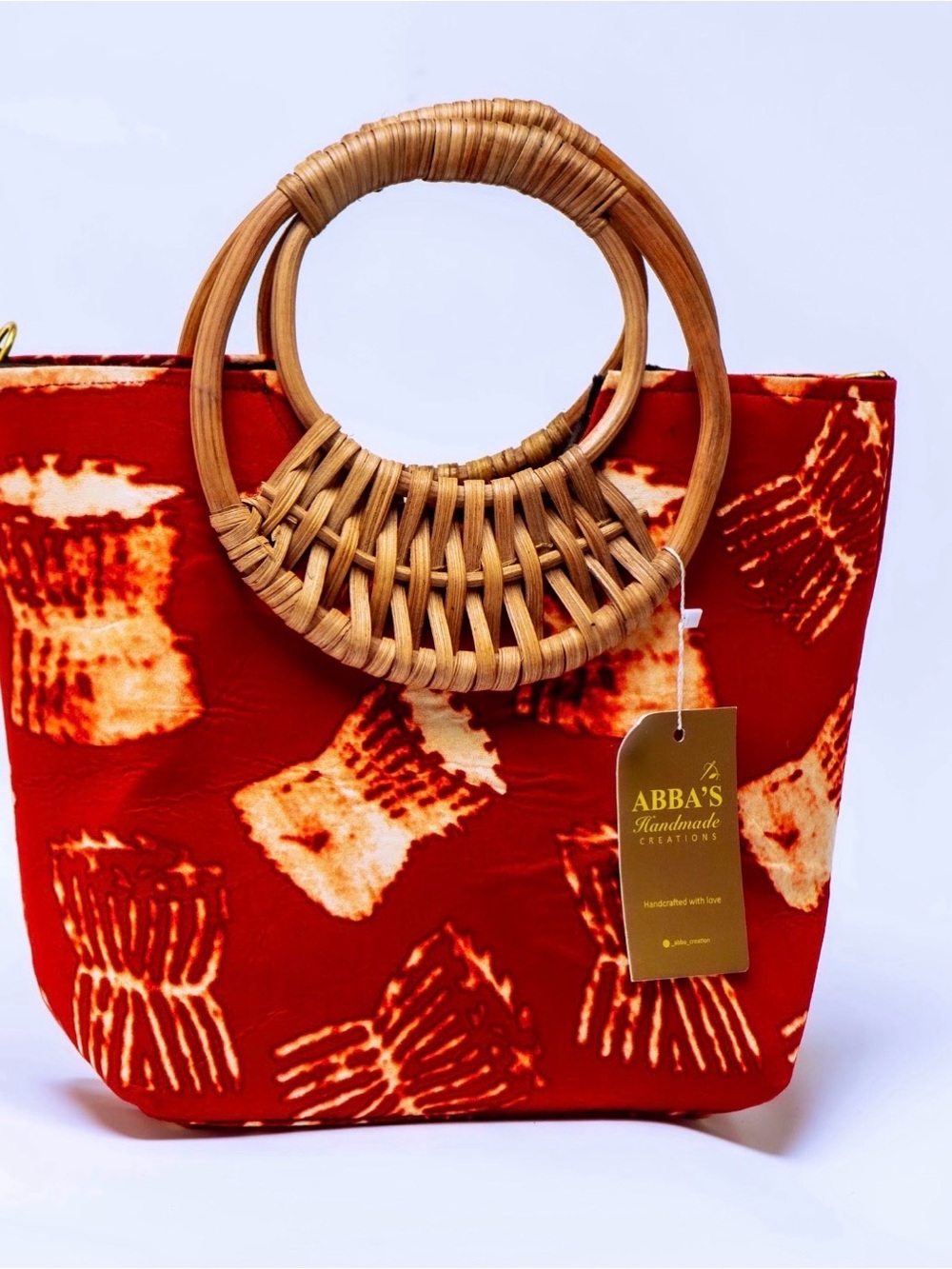 ABBA'S Handmade Red Patterned Tote Bag with Woven Bamboo Handles